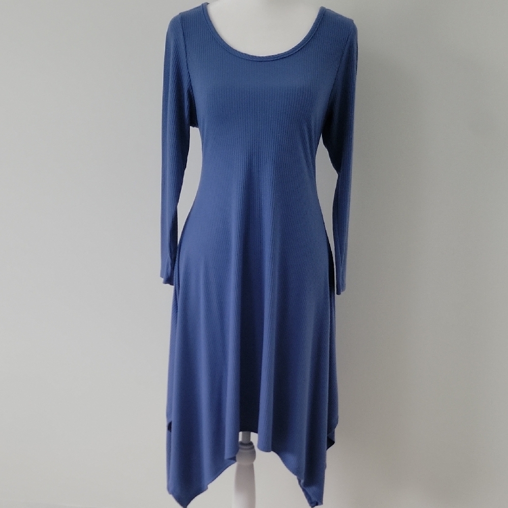 Women's Blue Casual Ribbed Asymmetrical Long Sleeves A-Line Midi Dress Size M